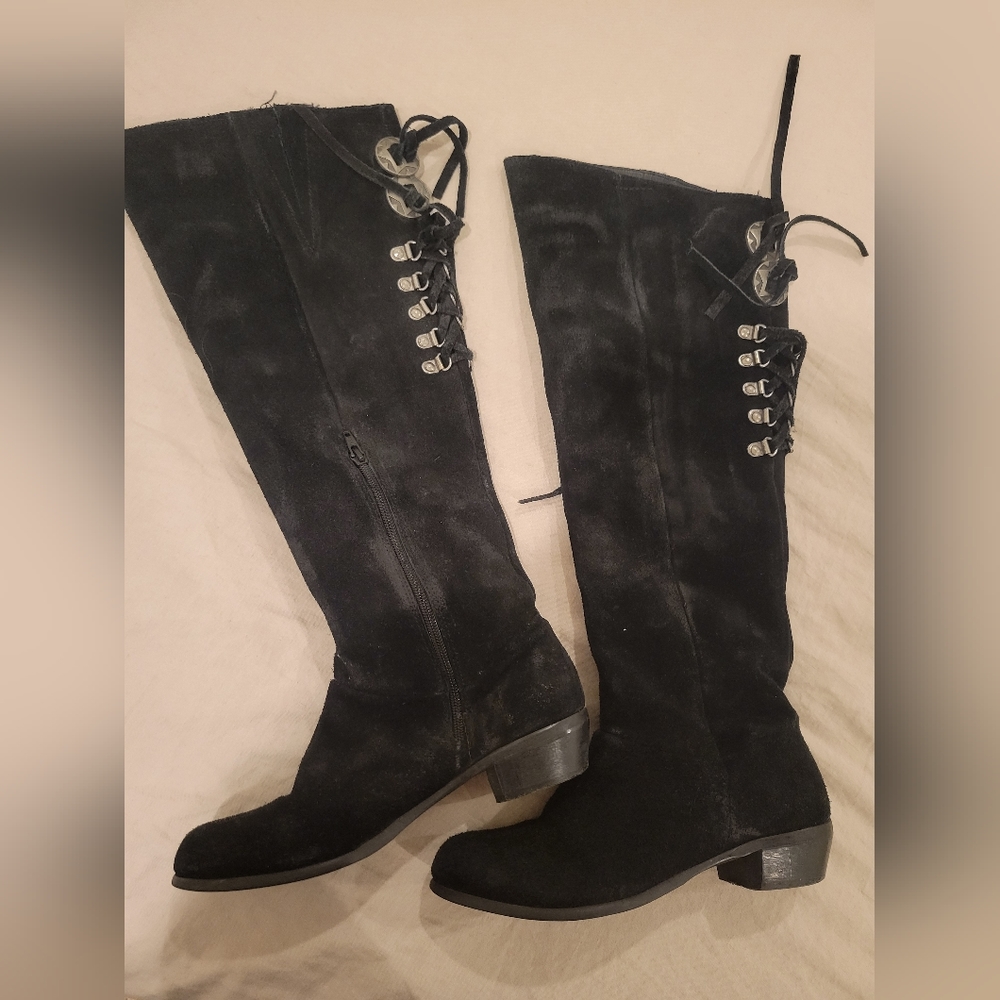 Black leather knee high boots
